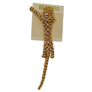 Rucinni Gold Tone Crystal Rhinestones Articulated Cat Tiger 7.5" Brooch Pin